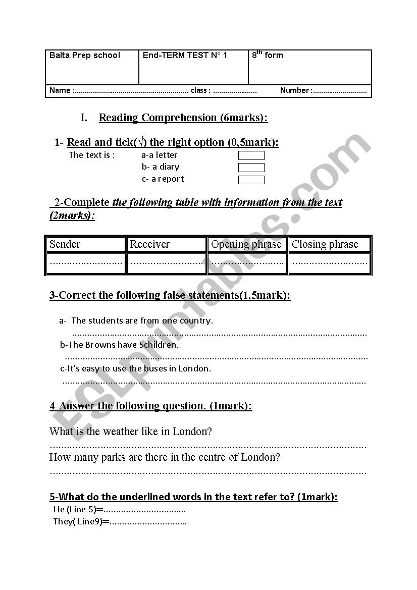 English test1 worksheet