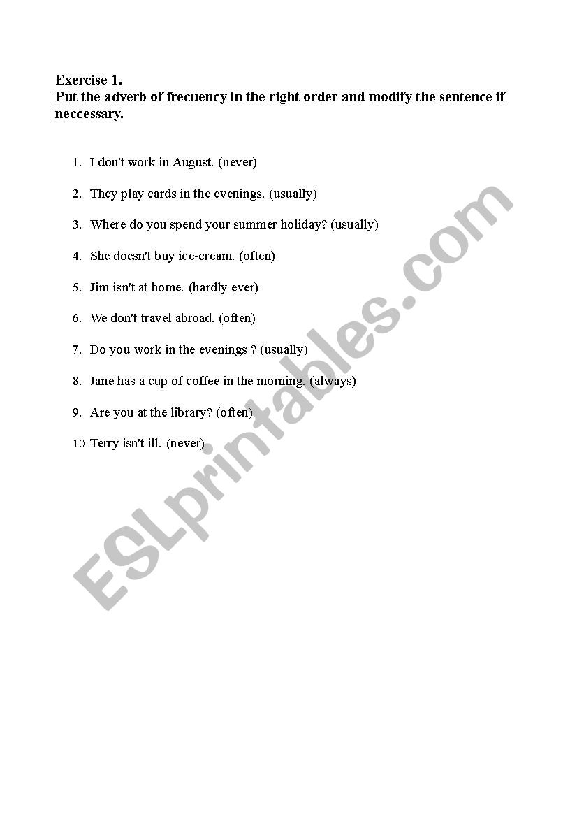 frecuency adverbs worksheet