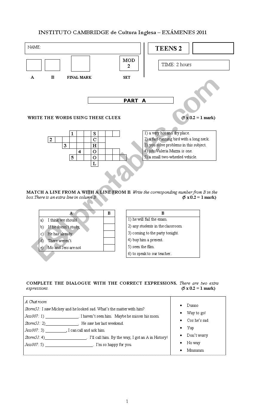 FINAL EXAM TEENS  worksheet