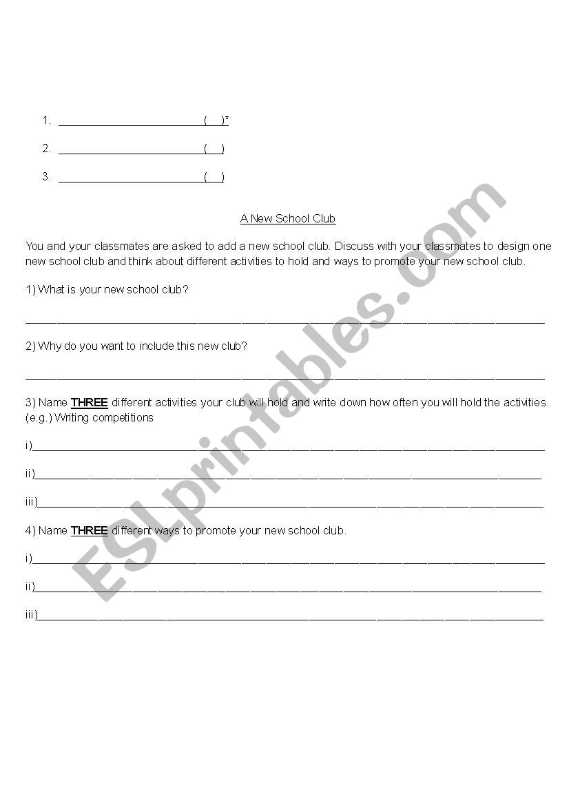 A New School Club worksheet