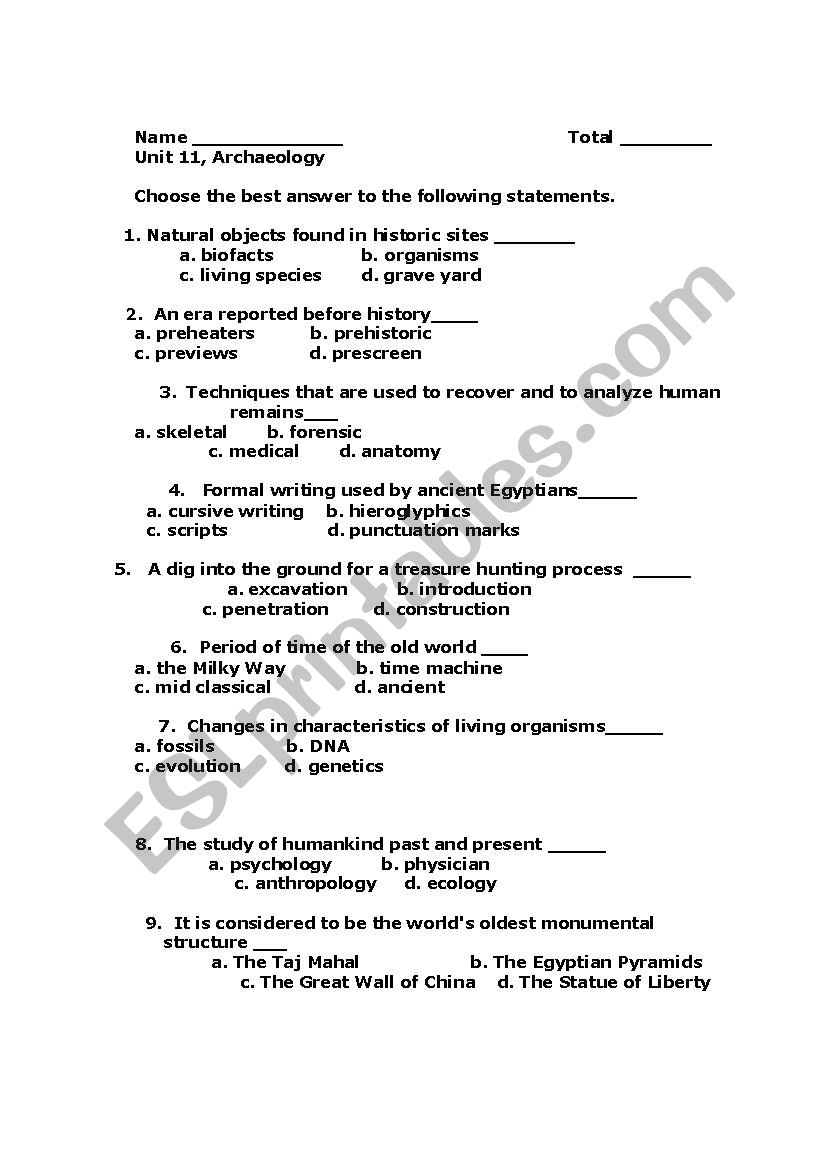 Archaeology worksheet