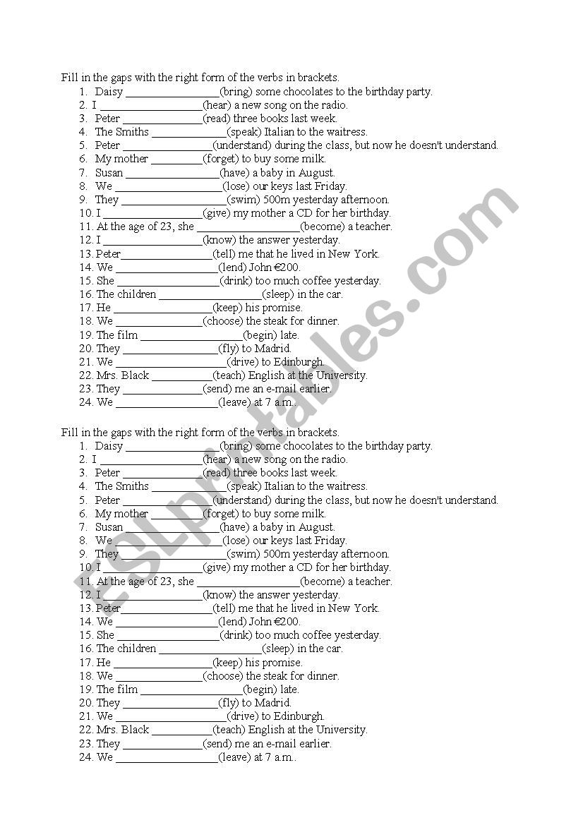 irregular verbs exercise worksheet