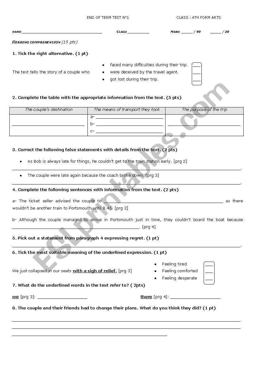 Fourth Form End of Term Test 1