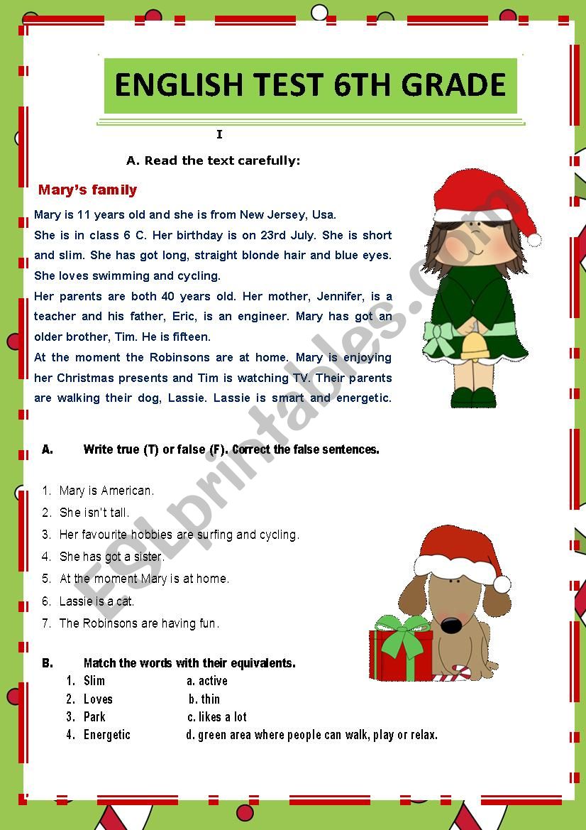 Test 6th grade worksheet