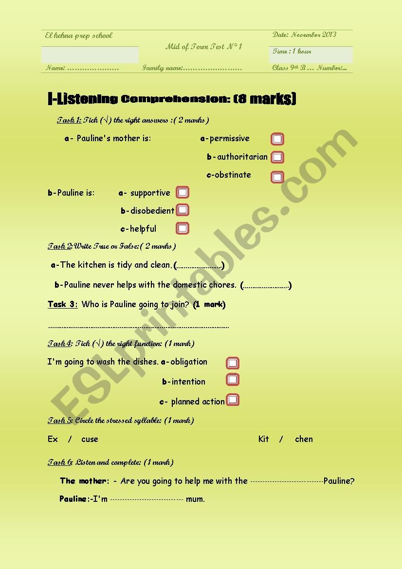 mid of term test n1 9 th  form 2013