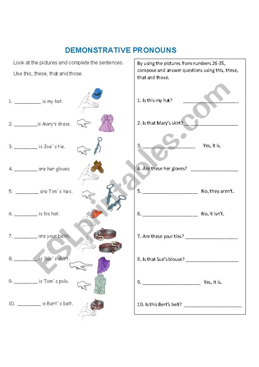 Demonstrative pronouns worksheet