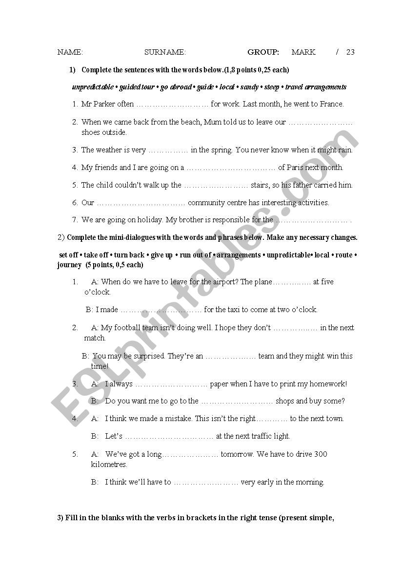 Test about present verbal tenses and vocabulary 