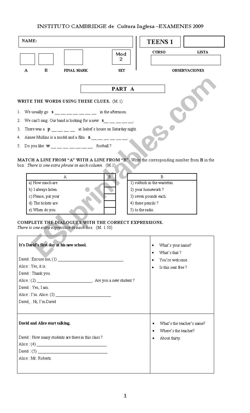 final exam teens I worksheet