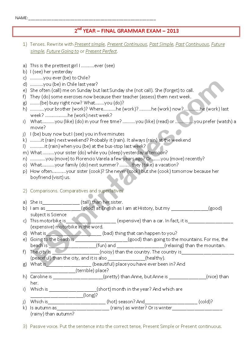 Grammar Exam worksheet