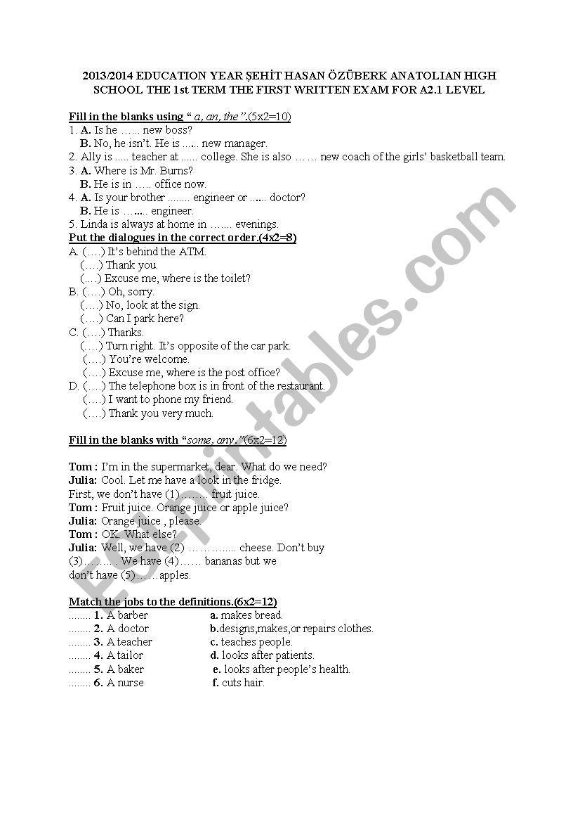 an exam for the A1 users worksheet