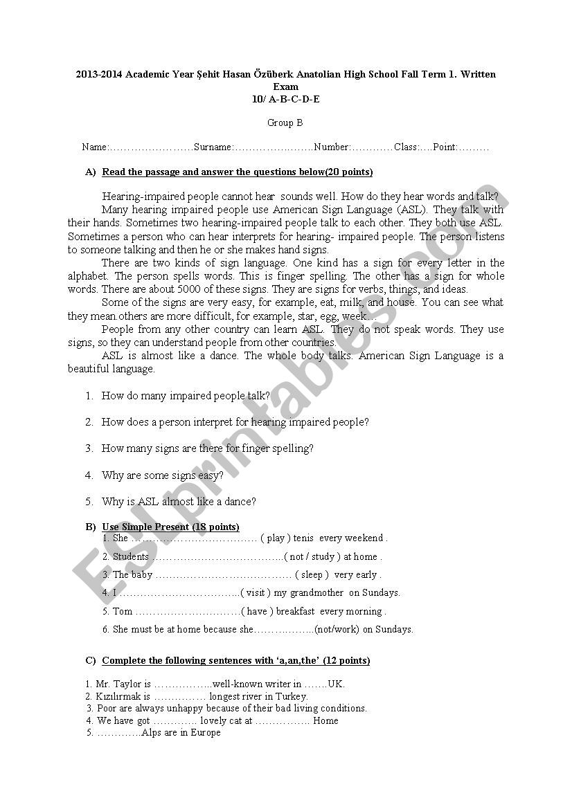 reading text worksheet