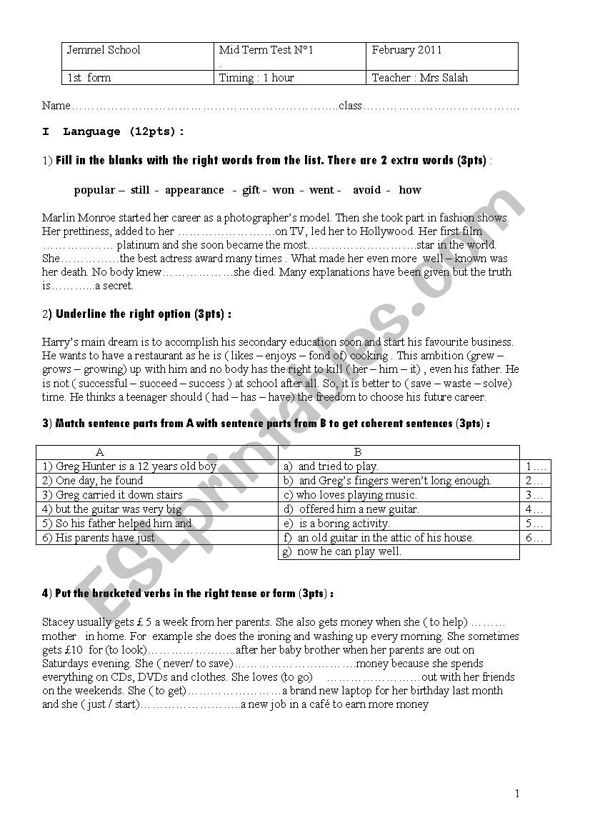 Mid term test n2 worksheet