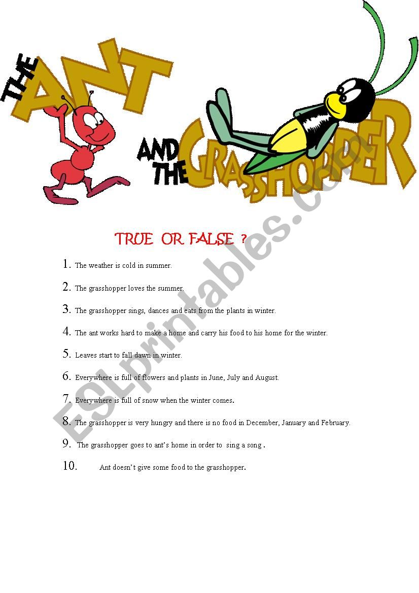 THE  ANT AND THE GRASSHOPPER  worksheet