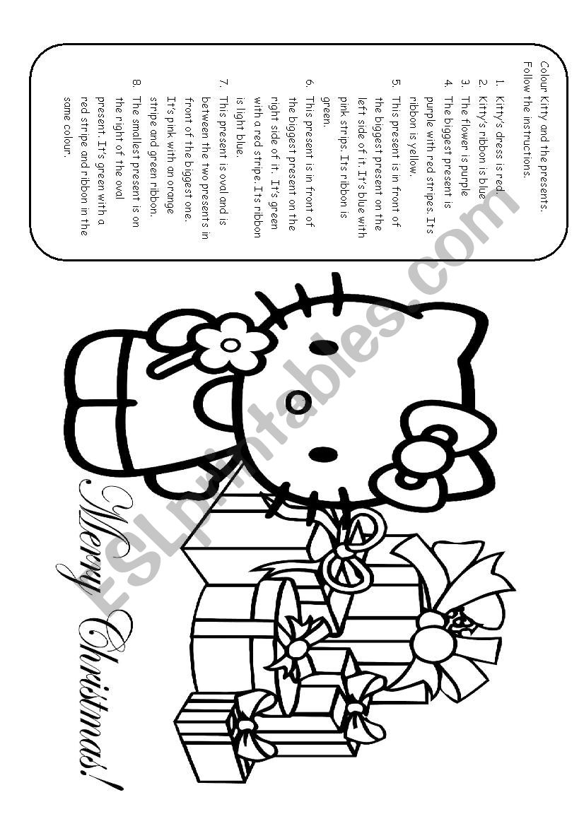 Kitty to colour page+ follow instructions to colour + prepositions+ superlative adjectives+ colours