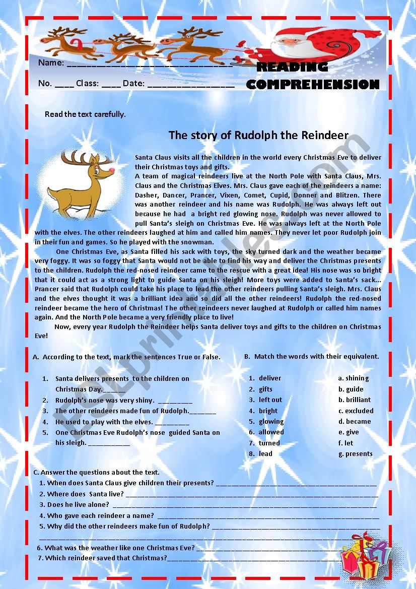 The story of Rudolph the Reindeer - Reading comprehension