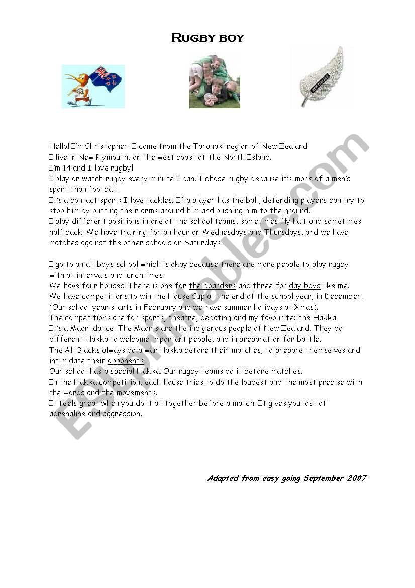 New Zealand Rugby Boy  worksheet