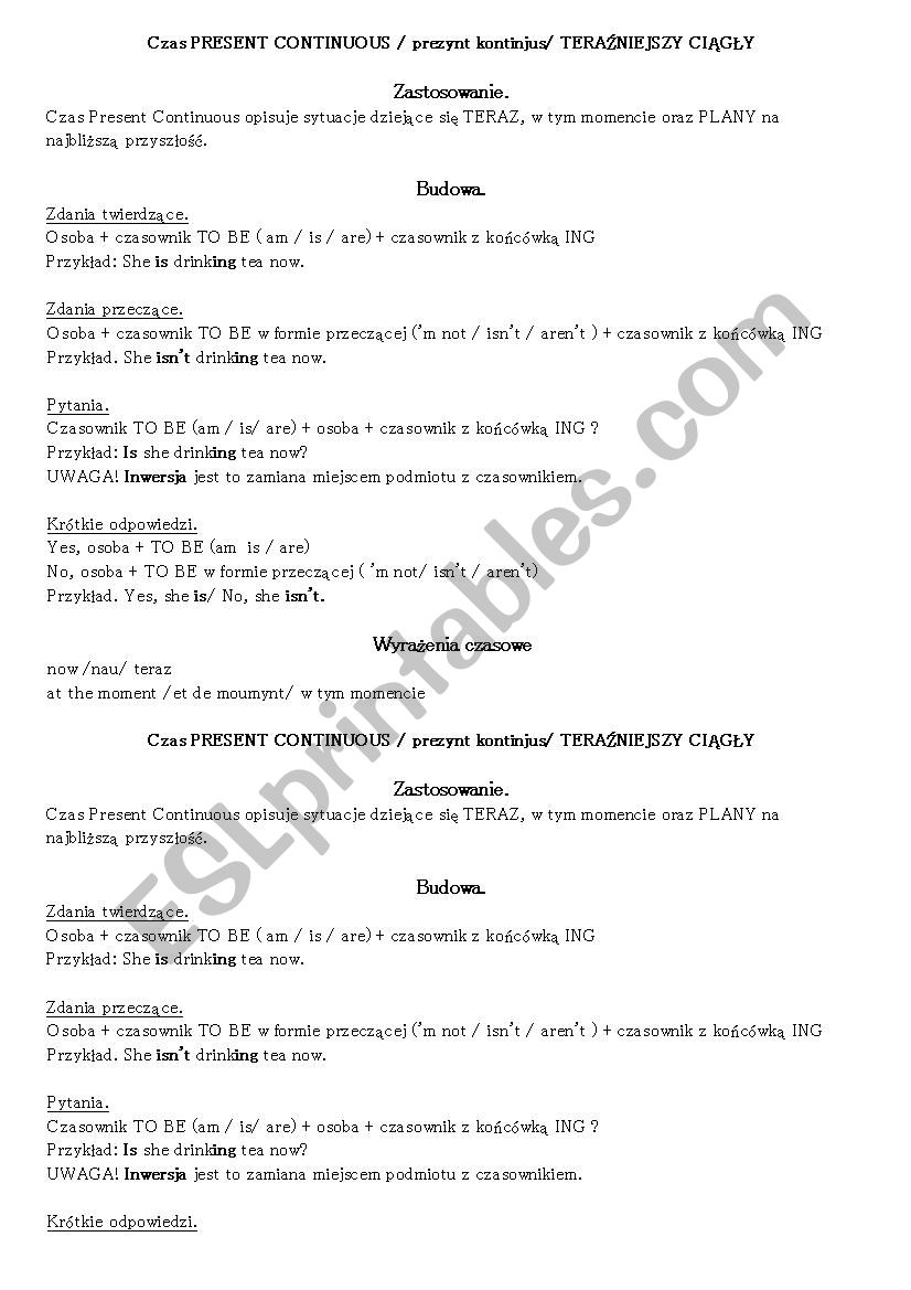 Present Continuous for Polish students. Theory and exercises. EDITABLE