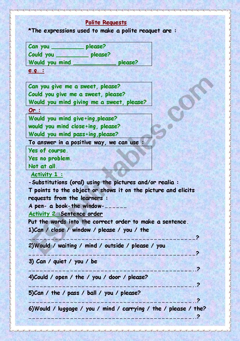 Polite Requests Expressions worksheet