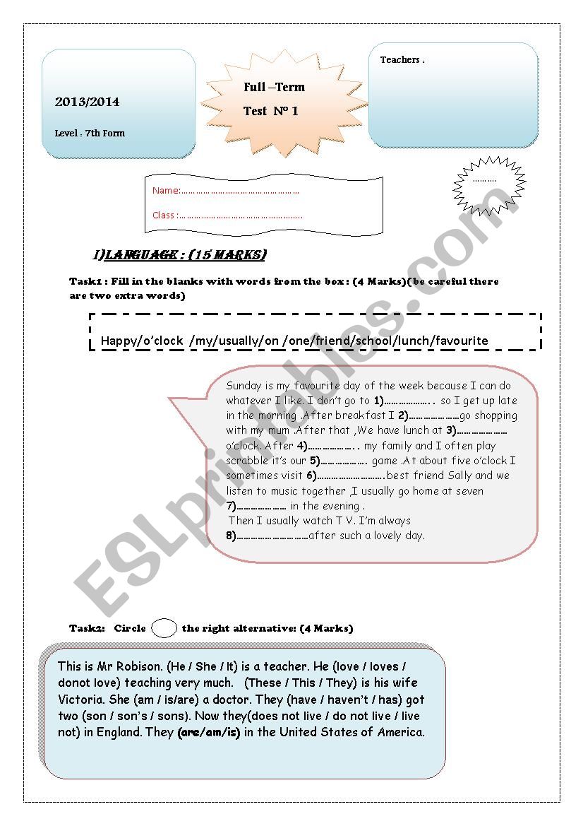 Full term test N 1 7 th form tunisian students