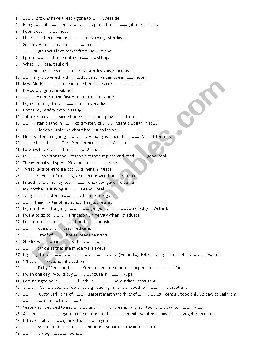 articles worksheet