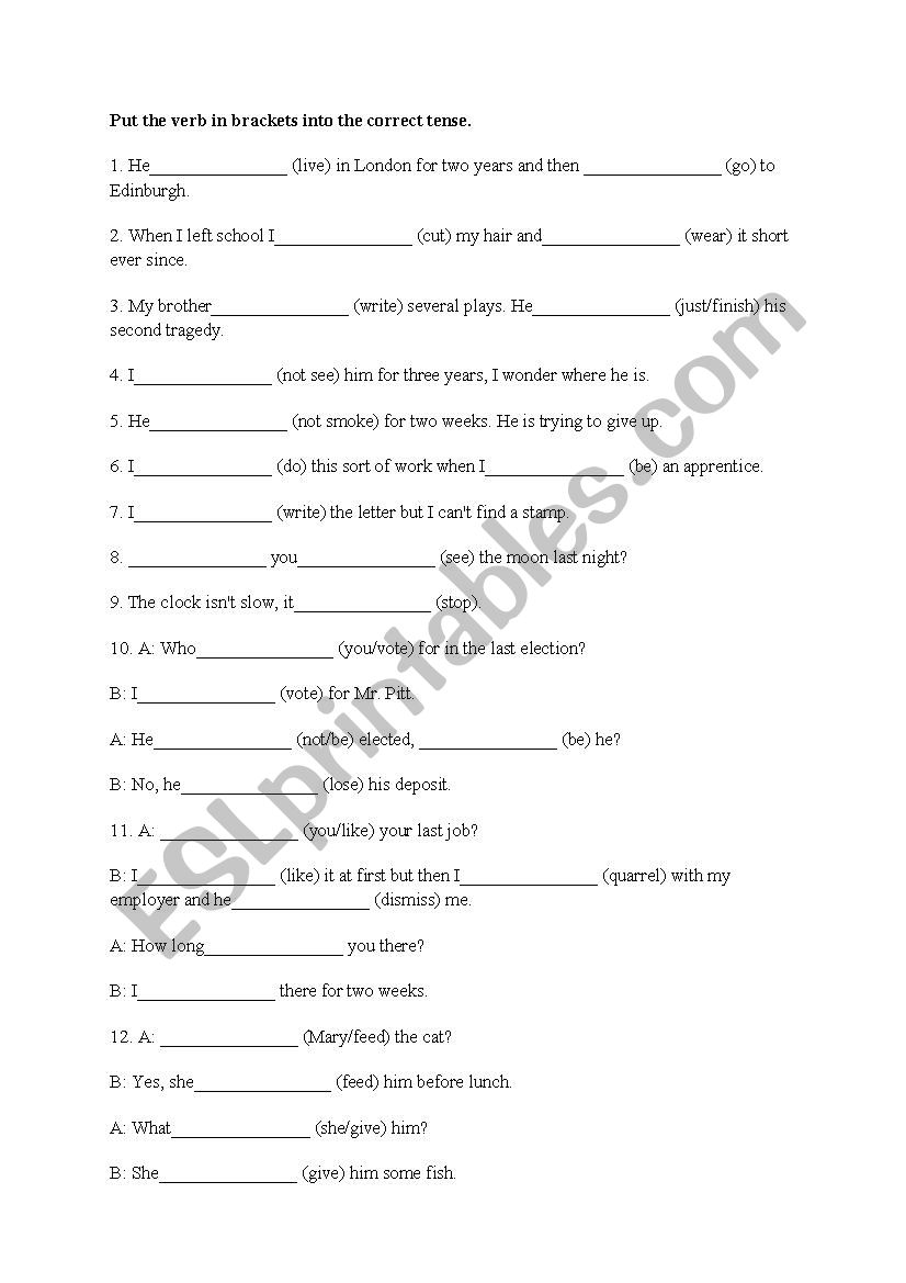 tense worksheet