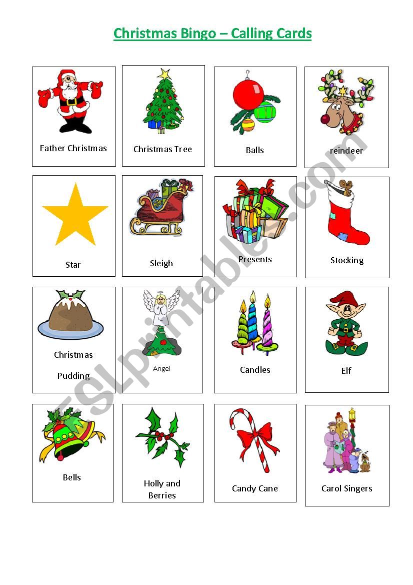 Christmas Bingo: Calling Cards and 5 Bingo Cards