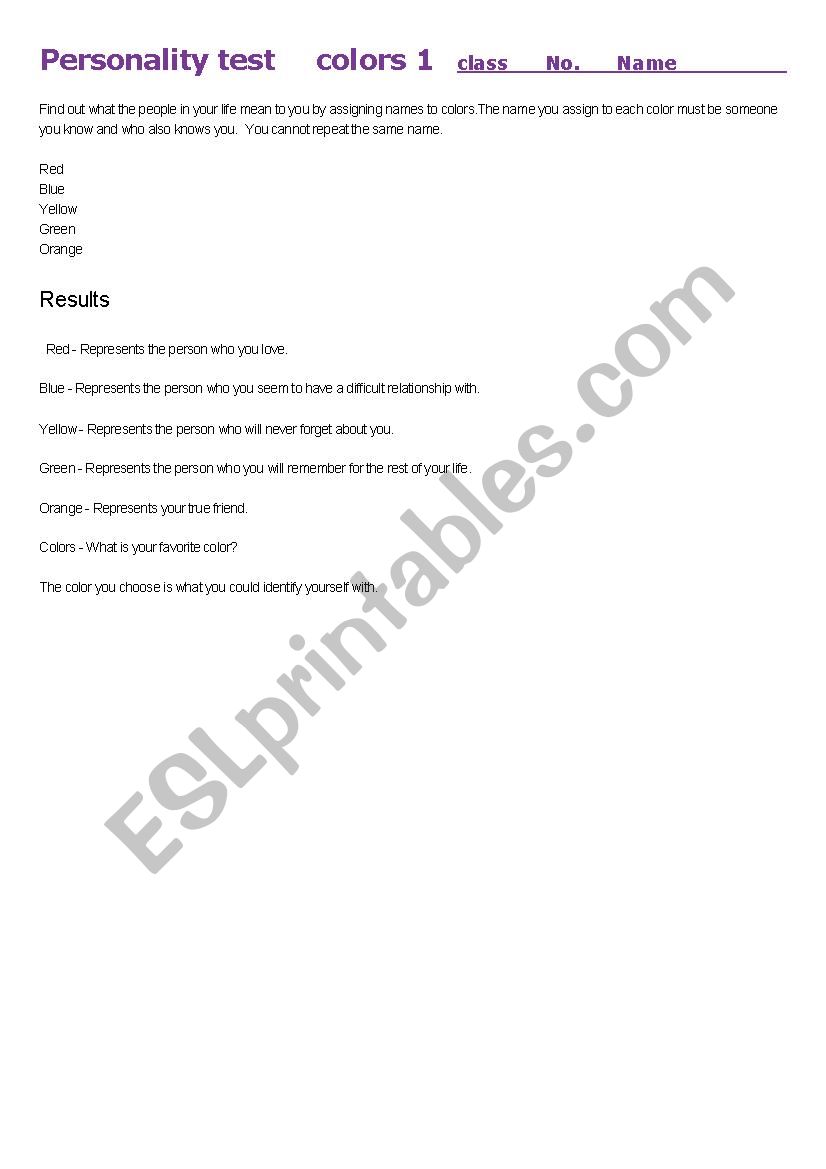 personality test   -color worksheet