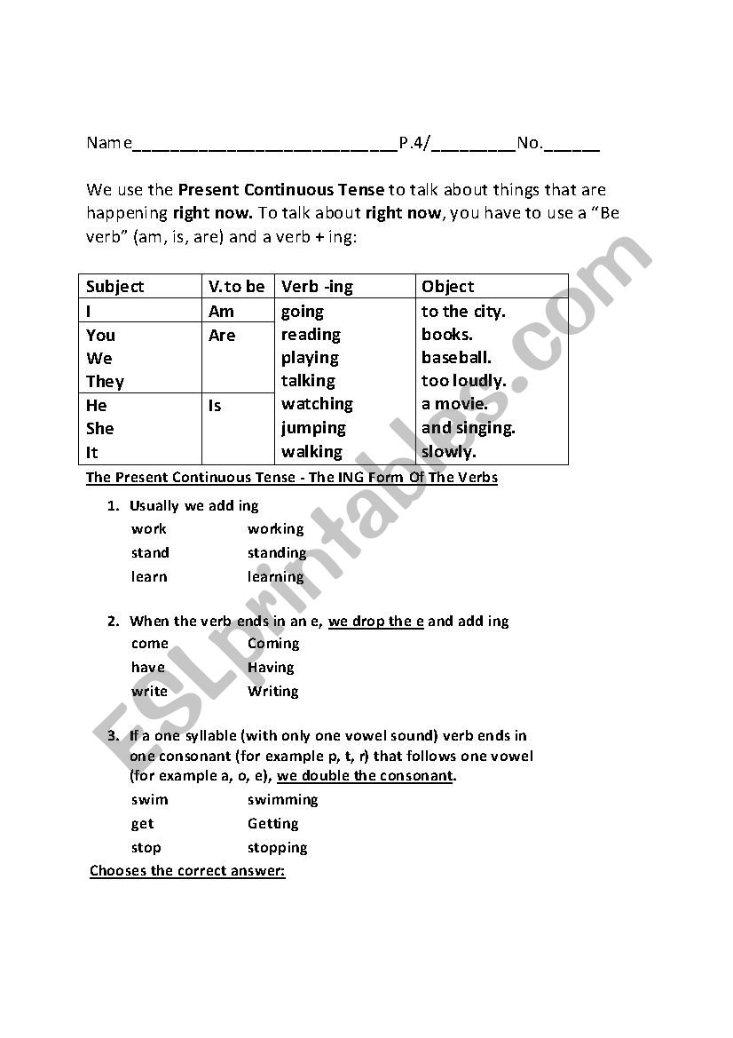 Present Continuous Tense worksheet