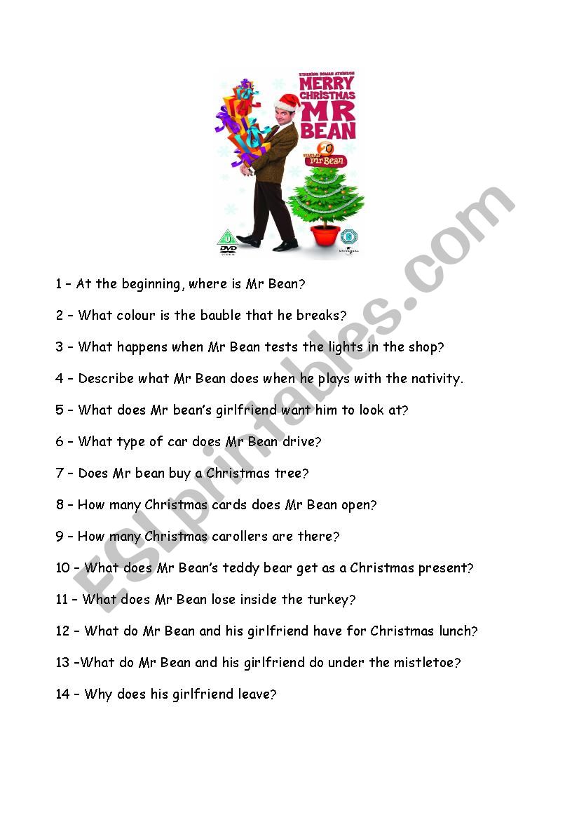 Merry Xmas Mr Bean question sheet