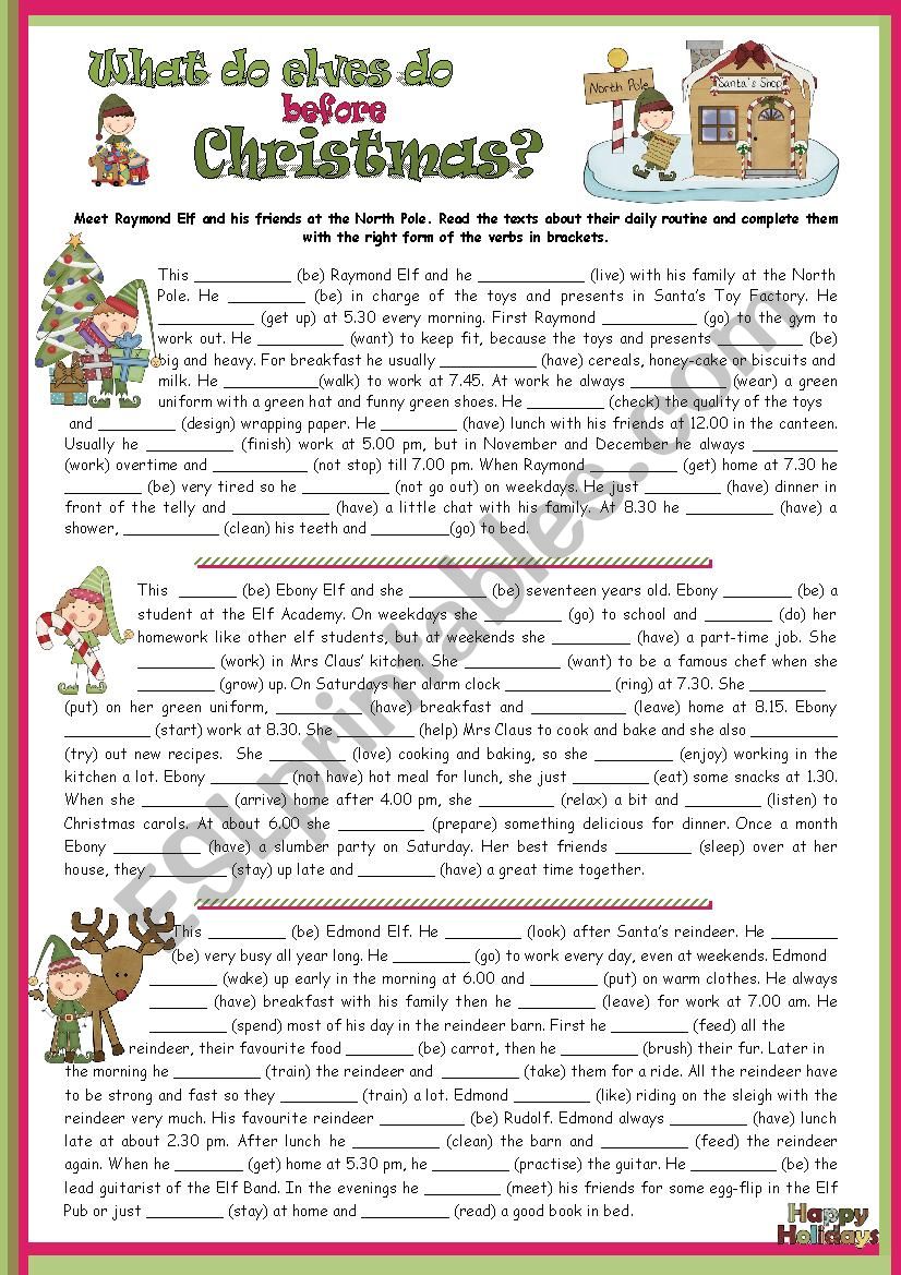 Christmas - What do elves do before Christmas? - The Elves Daily Routine - Simple Present 3rd person singular