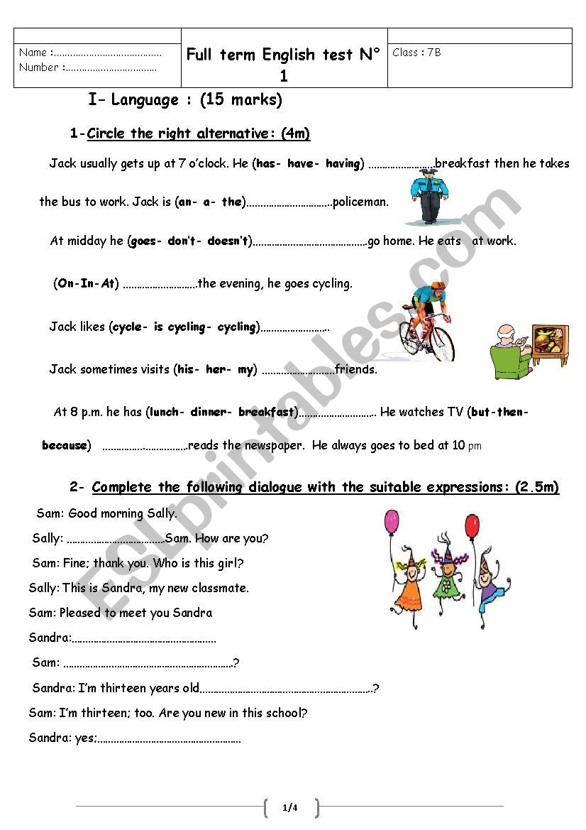7th form full term test 1 worksheet