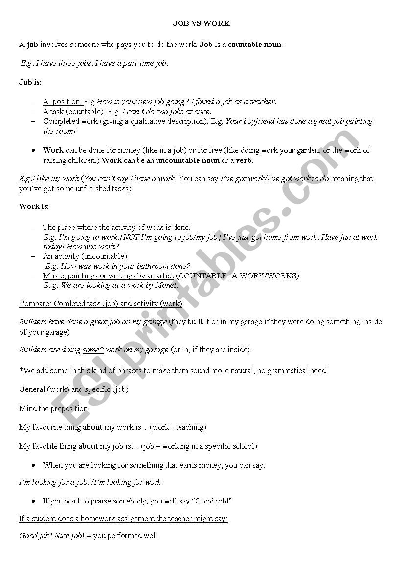 Job/work/career worksheet