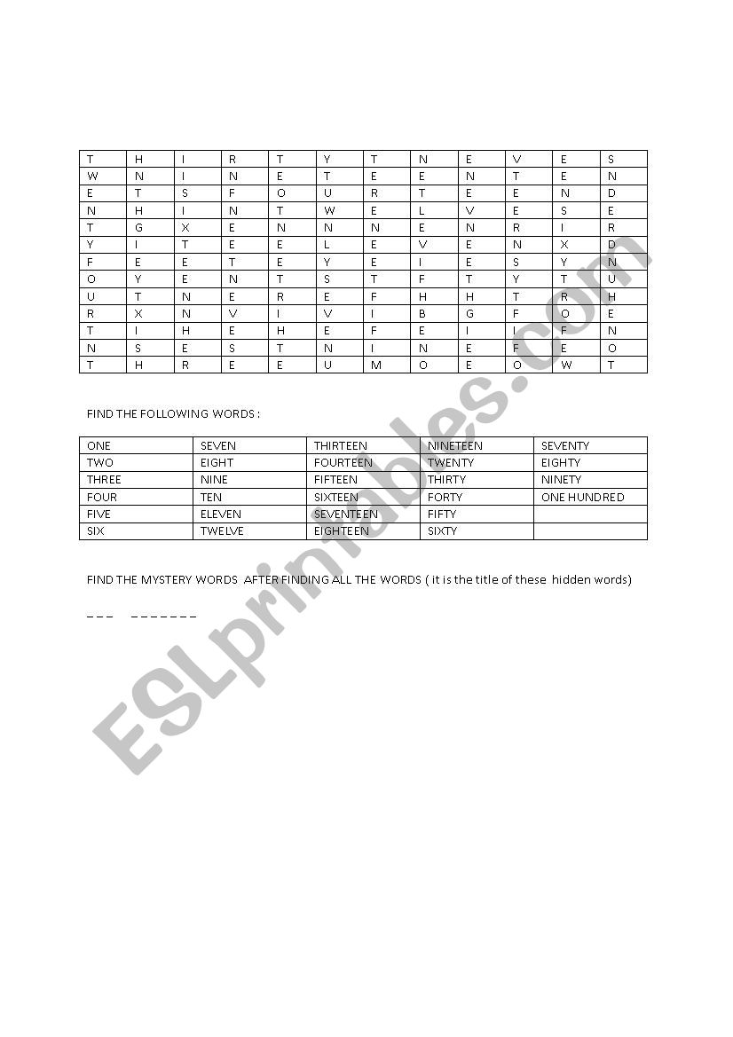 THE NUMBERS worksheet