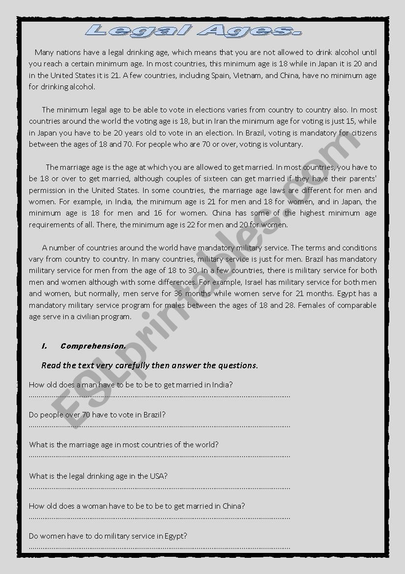 LEGAL AGES; worksheet