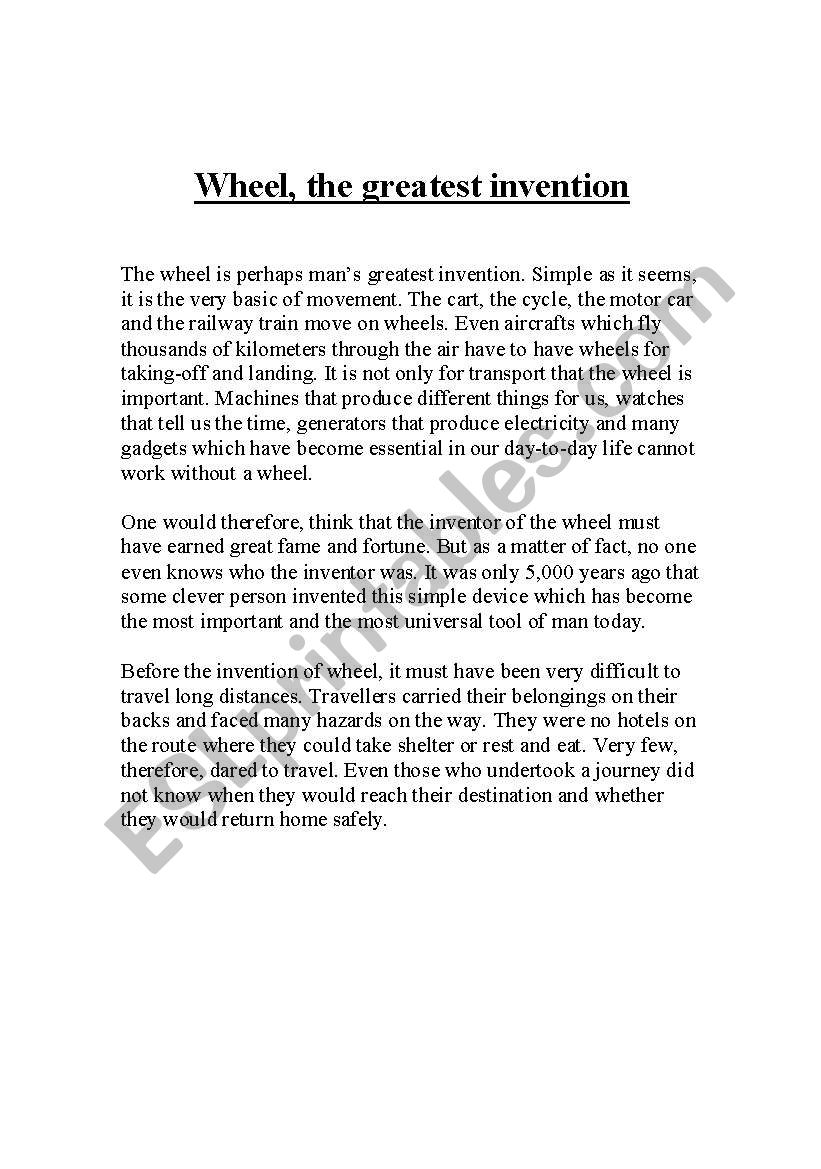Wheel the greatest  invention worksheet