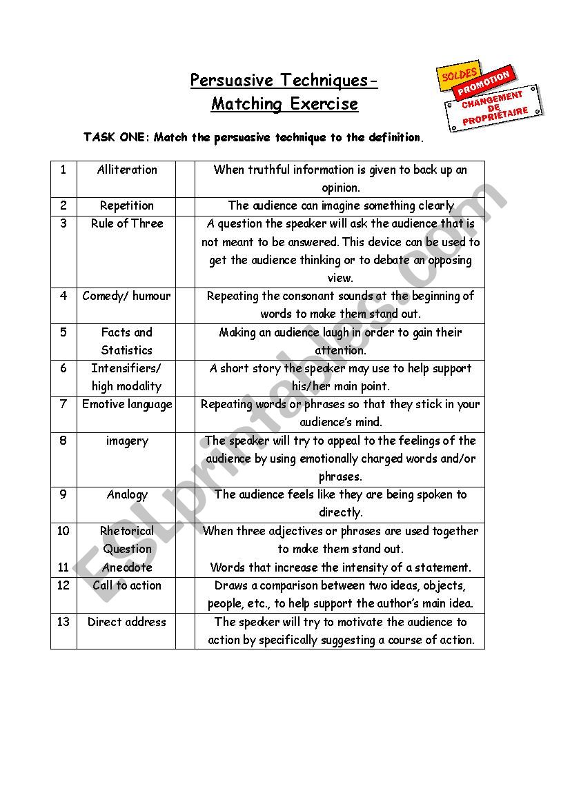 Persuasive Strategies Matchup worksheet