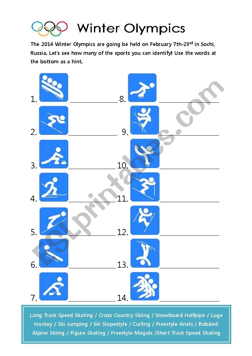 2014 Winter Olympics Sports worksheet