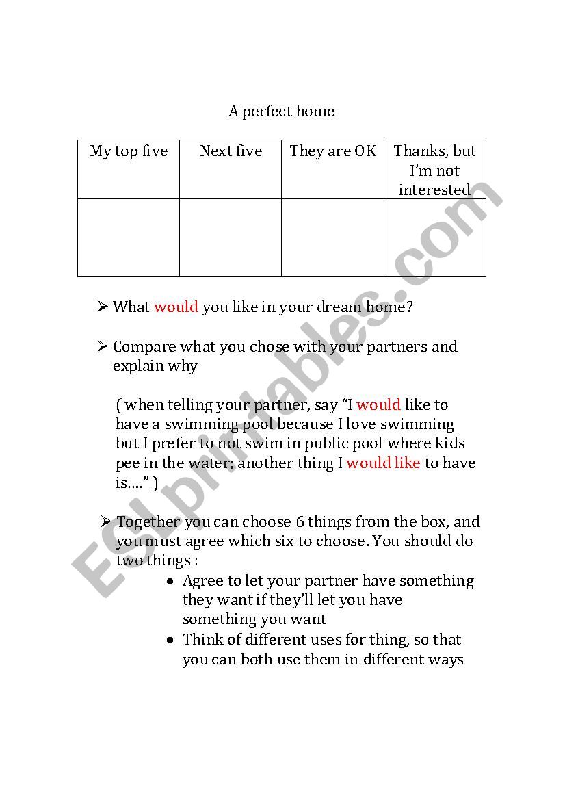 a perfect home worksheet