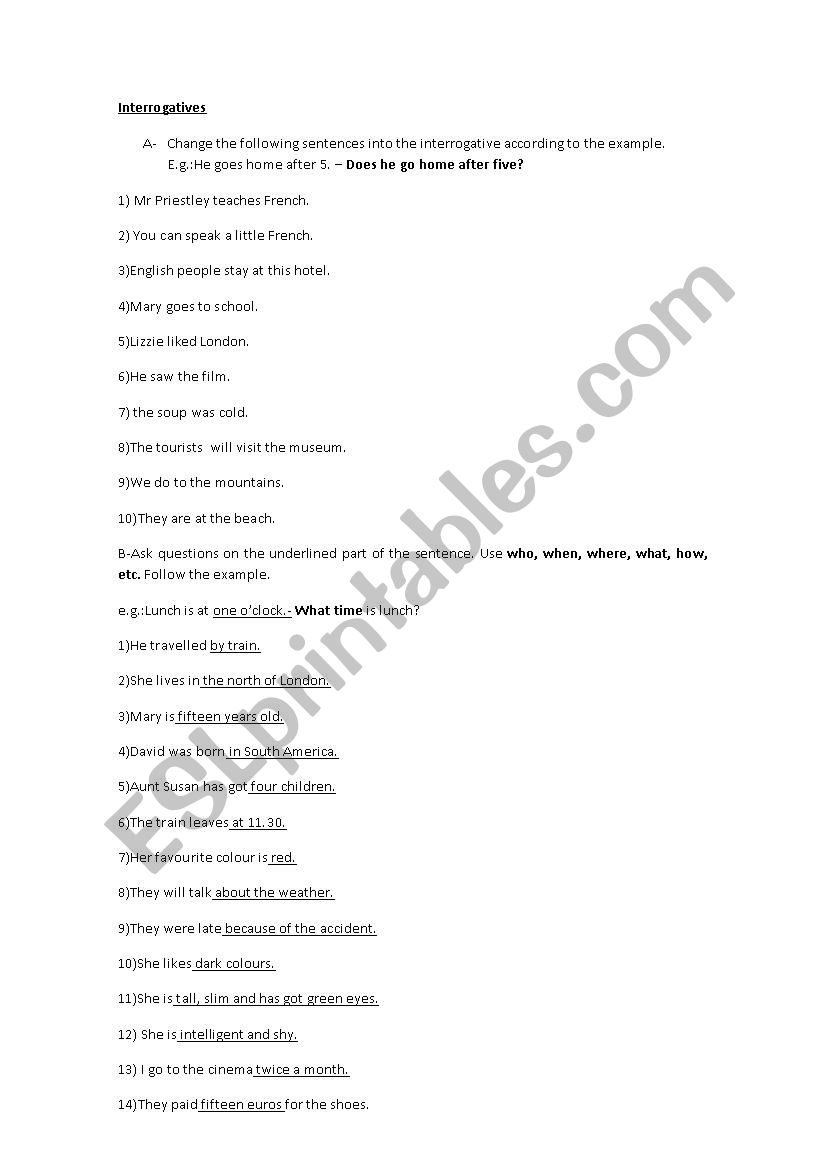 Interrogatives worksheet worksheet