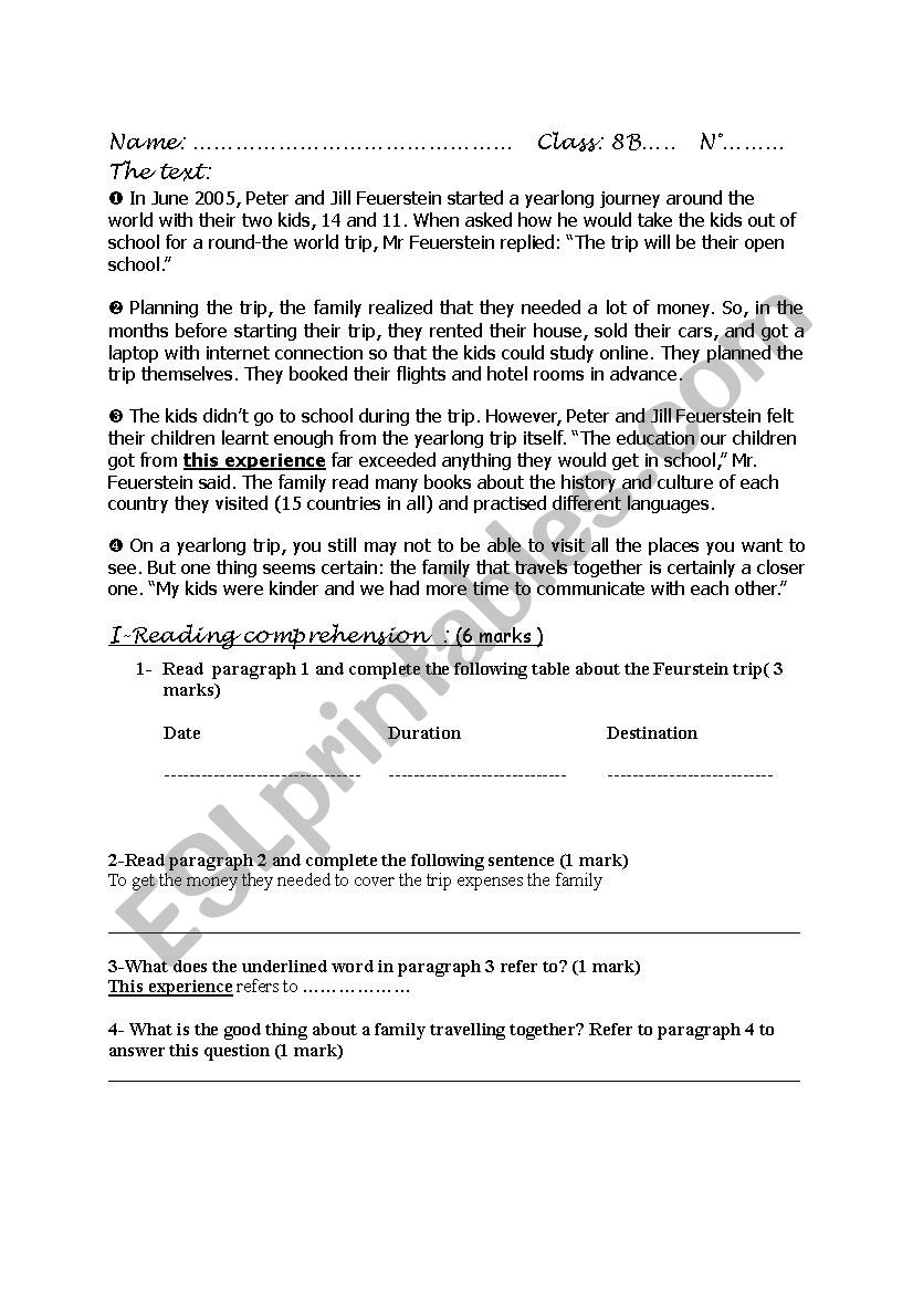 8th form test  worksheet