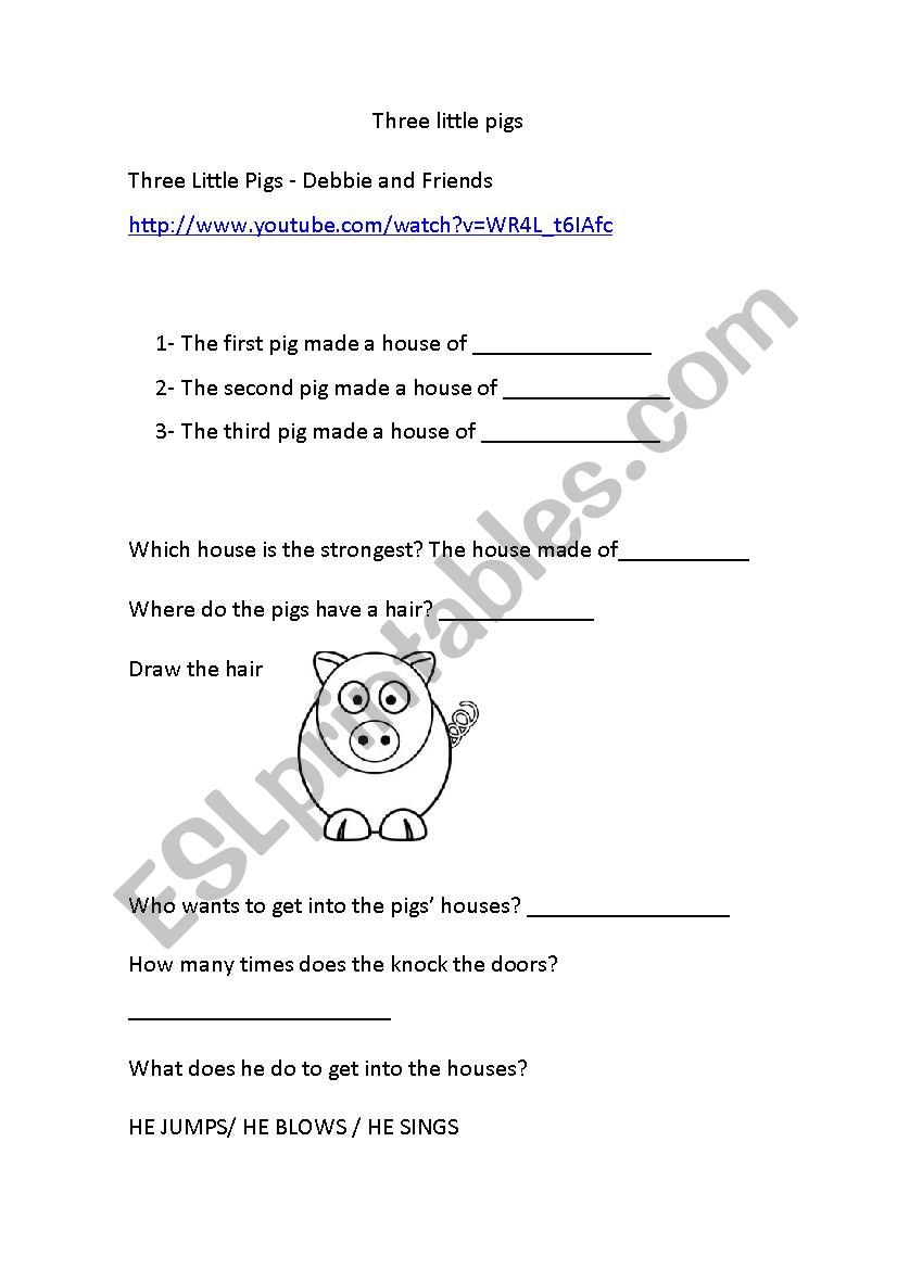 Three little pigs song by Debbie and Friends, with comprehension questions