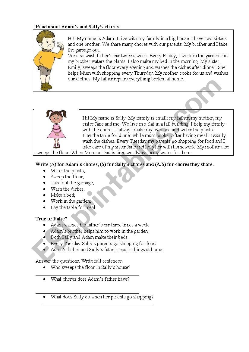 Household chores worksheet