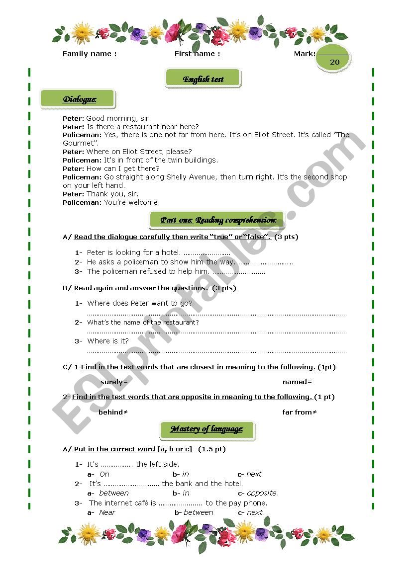 English test worksheet