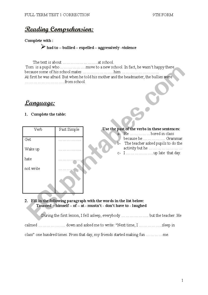 full term test correction worksheet