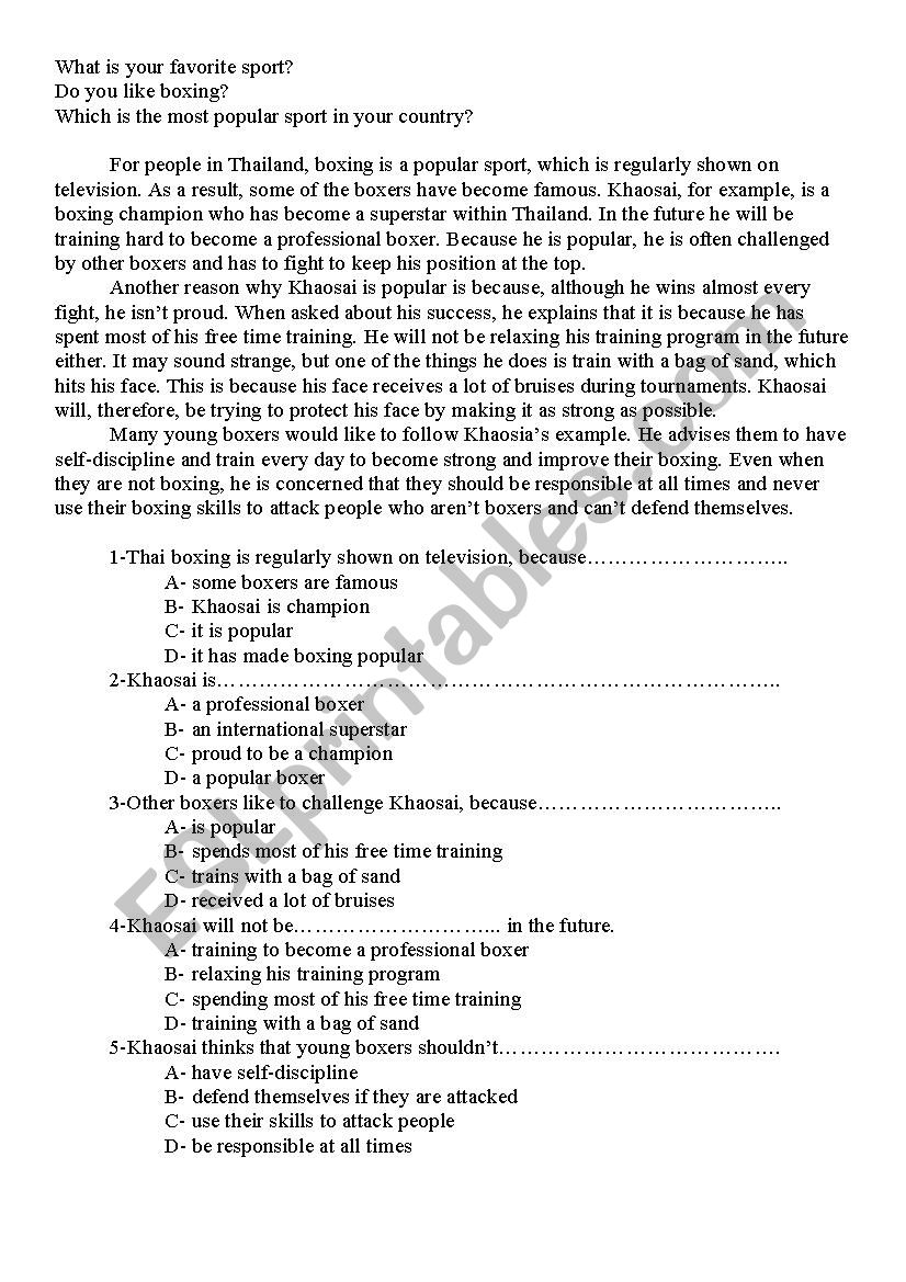 Boxing in Thailand worksheet