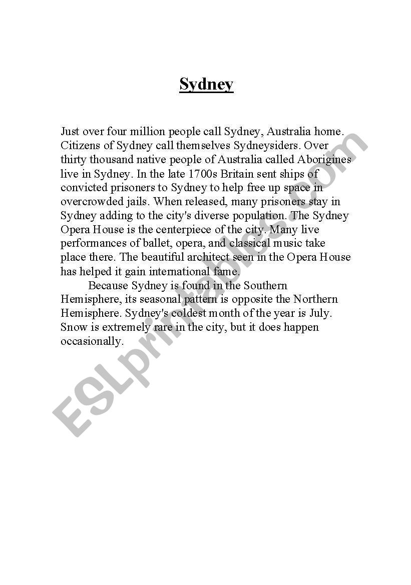 Sydney worksheet