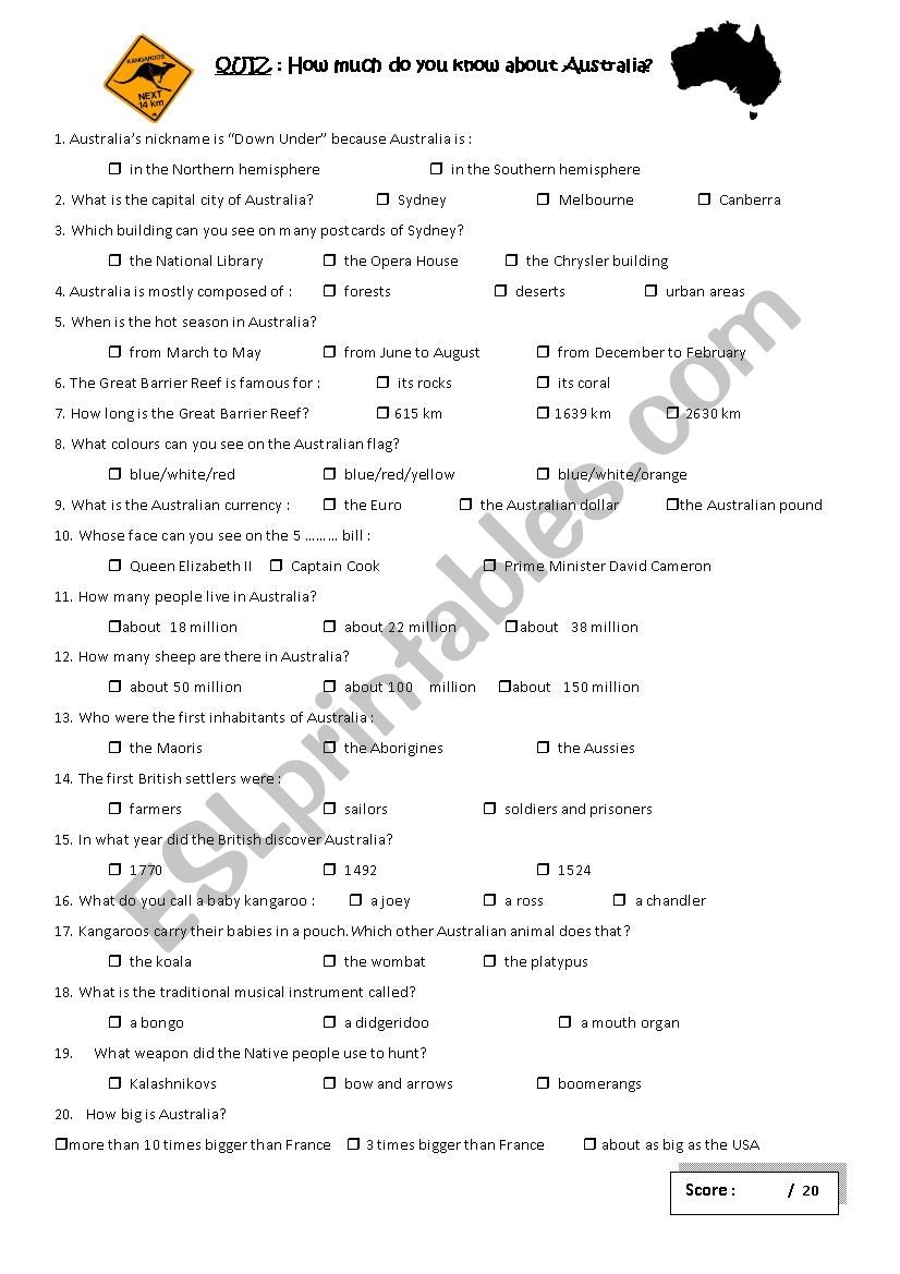 Quiz about Australia worksheet