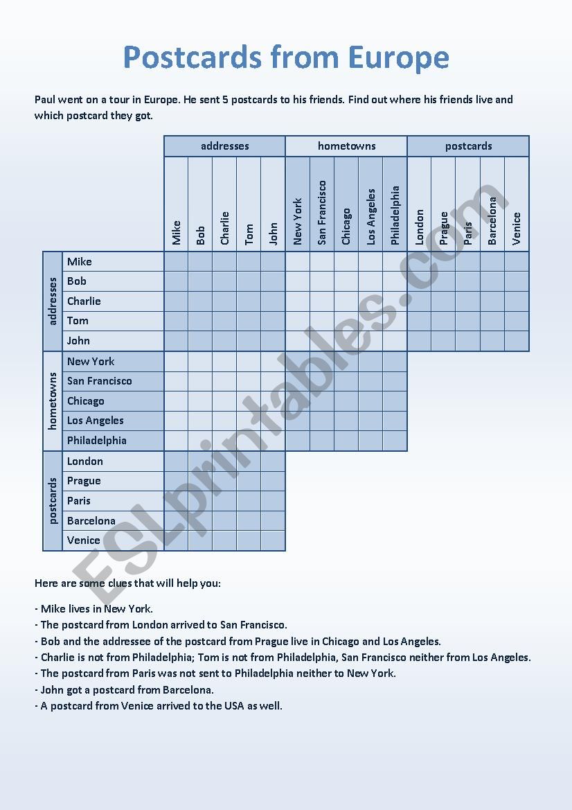 Postacards from Europe worksheet