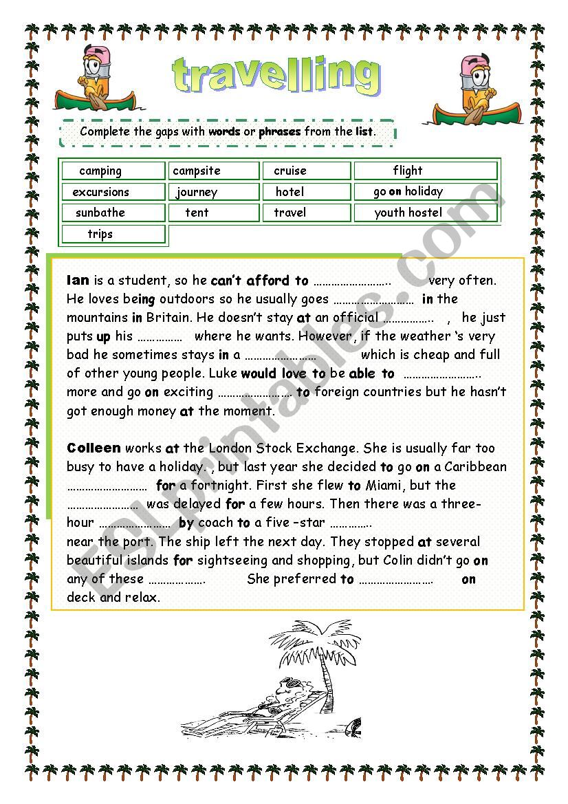 travelling and activities  worksheet