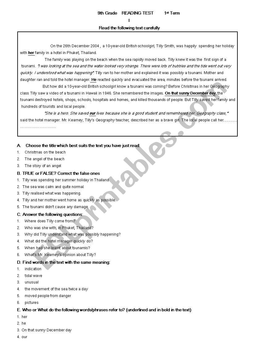 9th Grade  reading test 1st term